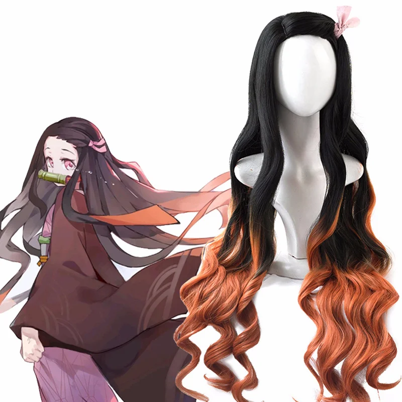 Anime Cosplay Nezuko - คามาโดะ เนซึโกะวิกผม เนซึโกะคอสเพลย์ อุปกรณ์เสริมผมยาวไล่เฉดสี วิกผมสังเคราะห์ทนความร้อน