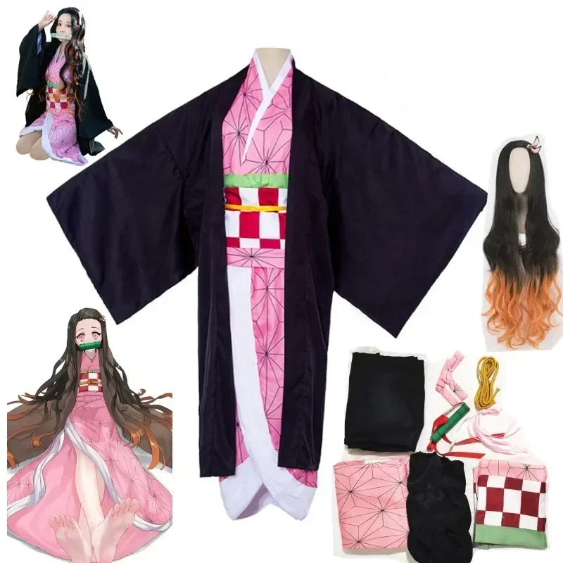 Anime Cosplay Nezuko - ฮาโลวีน คามาโดะ เนซึโกะอะนิเมะคอสเพลย์เครื่องแต่งกาย, ชุดกิโมโน, วิกผม, ชุดยูนิฟอร์ม,