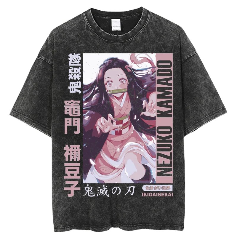 Anime Cosplay Nezuko - เสื้อยืดลายกราฟิกวินเทจ Demon Slayer เนซึโกะ สไตล์ฮาราจูกุ สำหรับผู้ชายและผู้หญิง