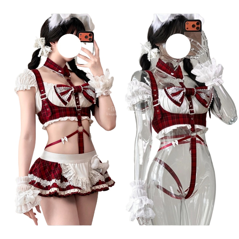 Cosplay Anime Bunny Girl - ชุดคอสเพลย์แม่บ้านลายสก็อตสีแดงน่ารัก ชุดสาวน้อยน่ารักสไตล์บันนี่ พร้อมสายคาดเอวประดับโบว์ลูกไม้ กระโปรงสั้น ชุดชั้นในสไตล์โลลิต้าสำหรับผู้หญิง
